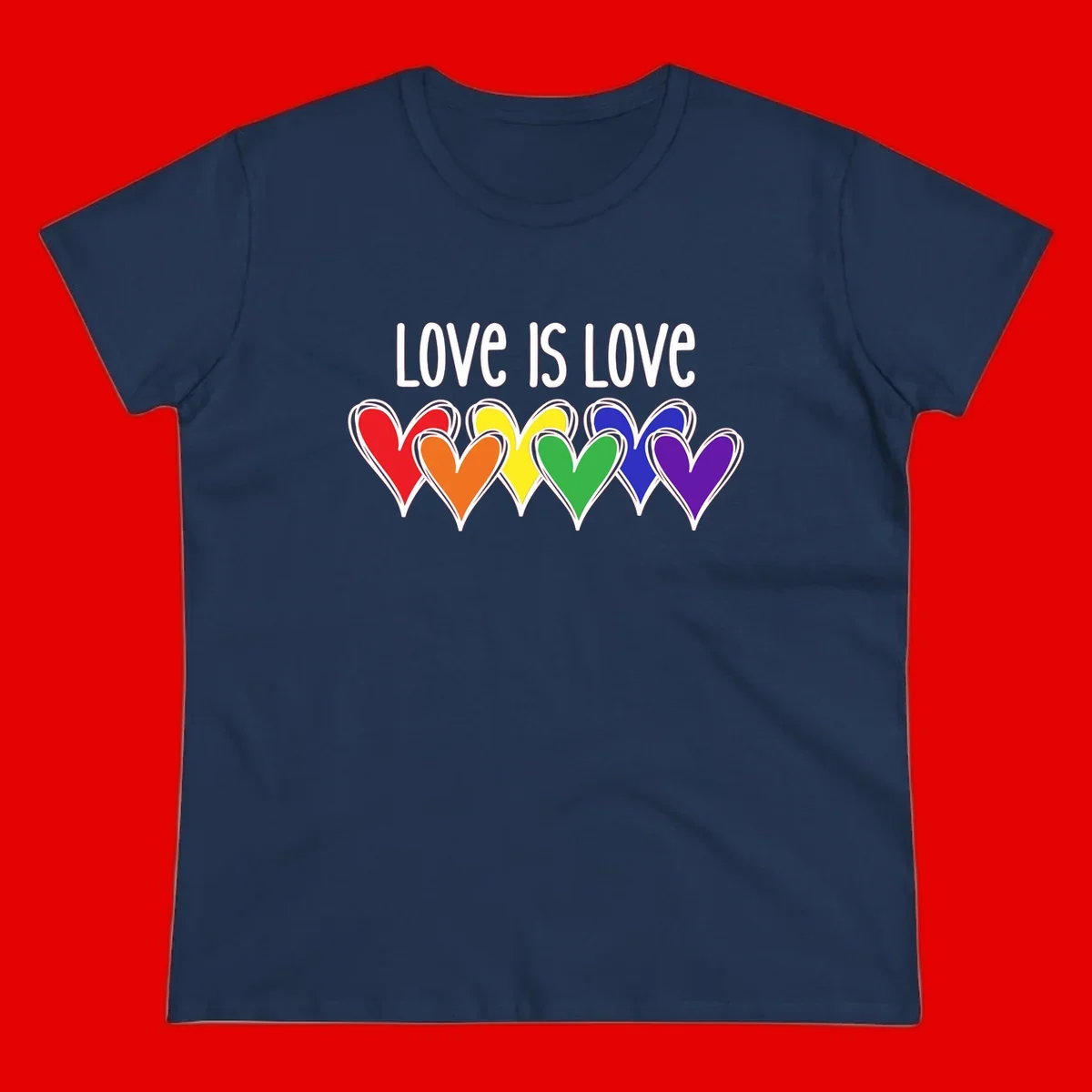 Love is love pride design with six colorful rainbow hearts in red, orange, yellow, green, blue, and purple on gray background