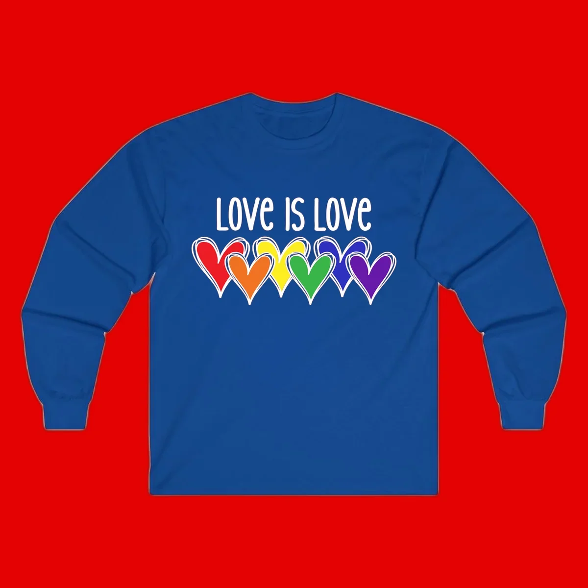 Love is love pride design with six colorful rainbow hearts in red, orange, yellow, green, blue, and purple on gray background