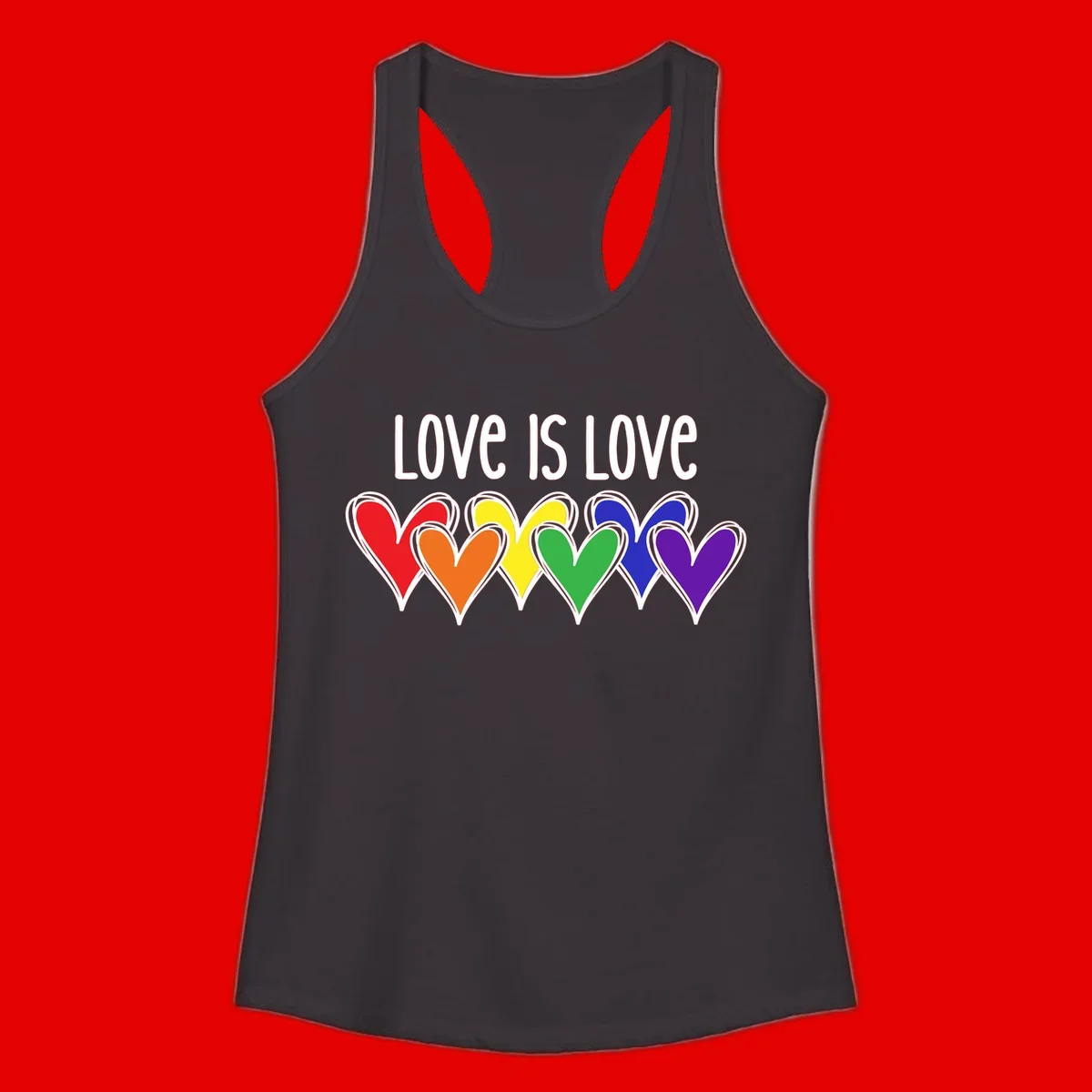 Love is love pride design with six colorful rainbow hearts in red, orange, yellow, green, blue, and purple on gray background