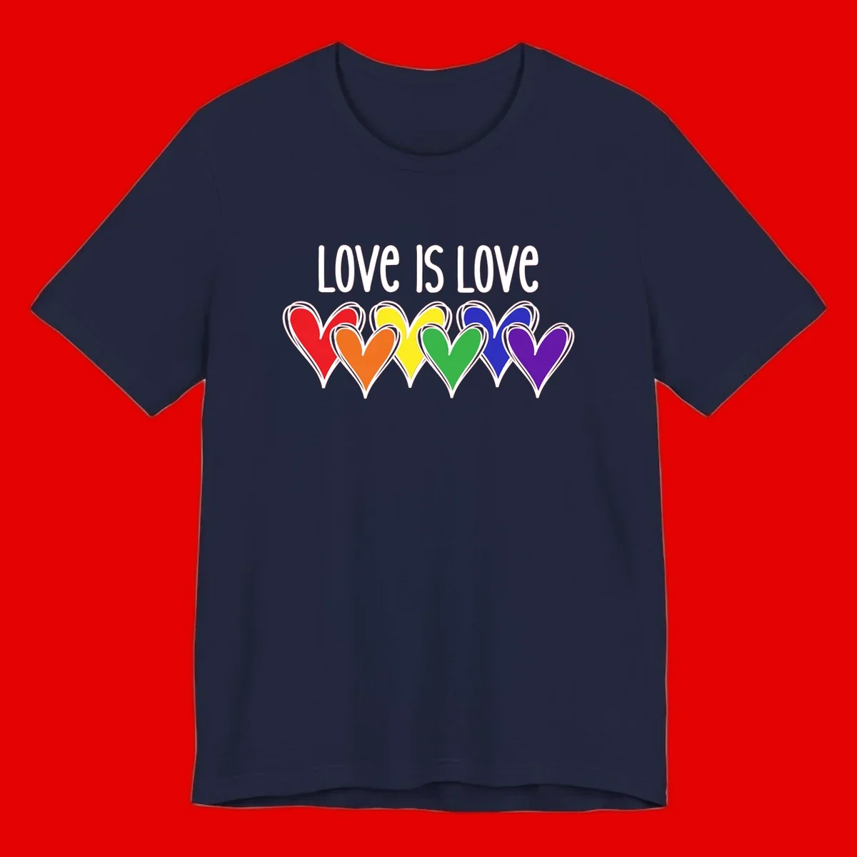 Love is love pride design with six colorful rainbow hearts in red, orange, yellow, green, blue, and purple on gray background