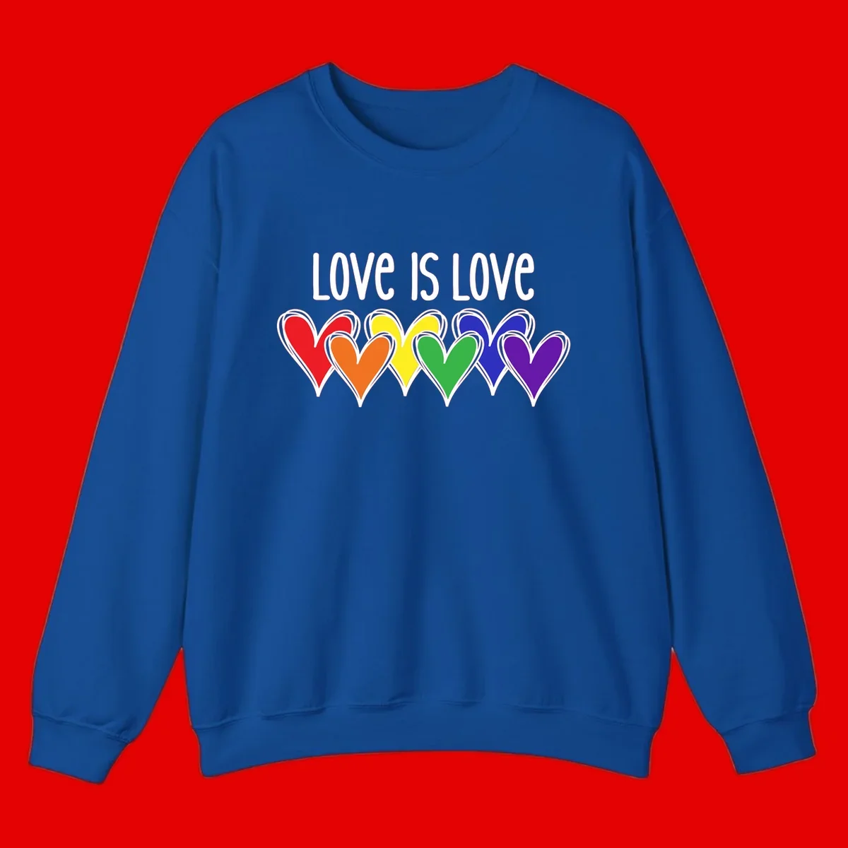 Love is love pride design with six colorful rainbow hearts in red, orange, yellow, green, blue, and purple on gray background