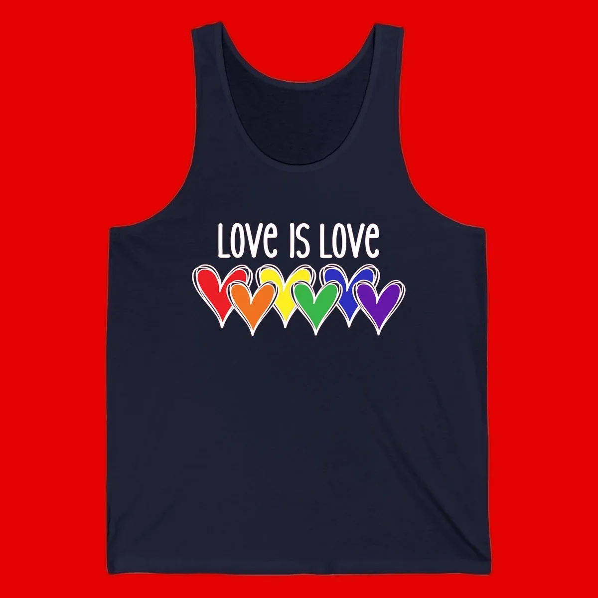 Love is love pride design with six colorful rainbow hearts in red, orange, yellow, green, blue, and purple on gray background