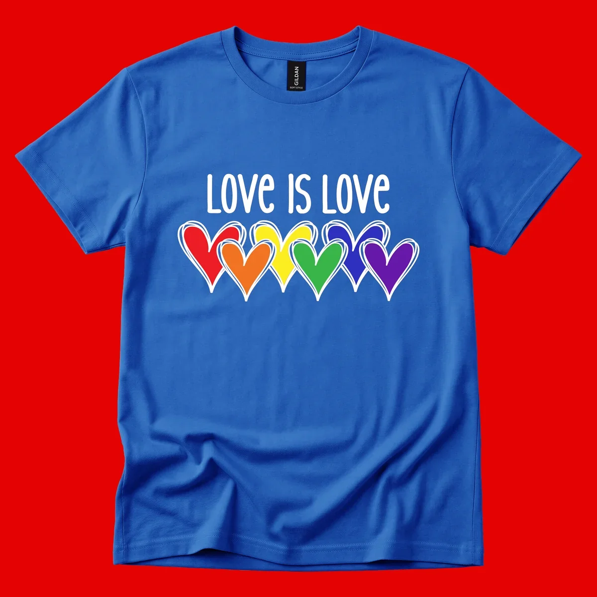 Love is love pride design with six colorful rainbow hearts in red, orange, yellow, green, blue, and purple on gray background