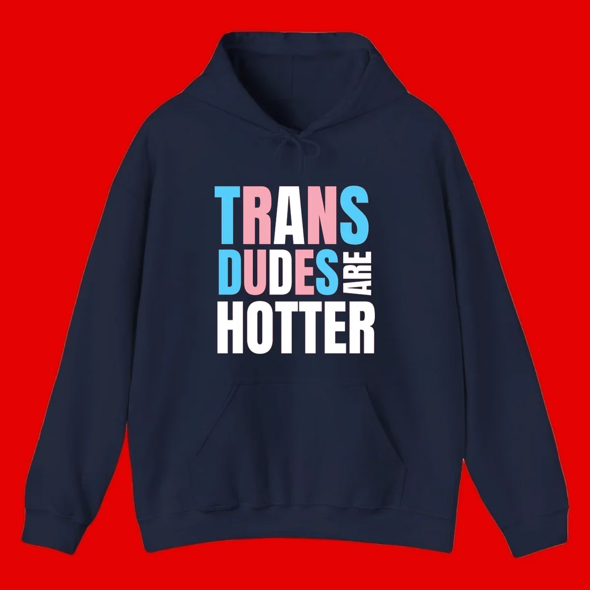 Bold typography design reading 'TRANS DUDES ARE HOTTER' in cyan, pink, and white letters on gray background