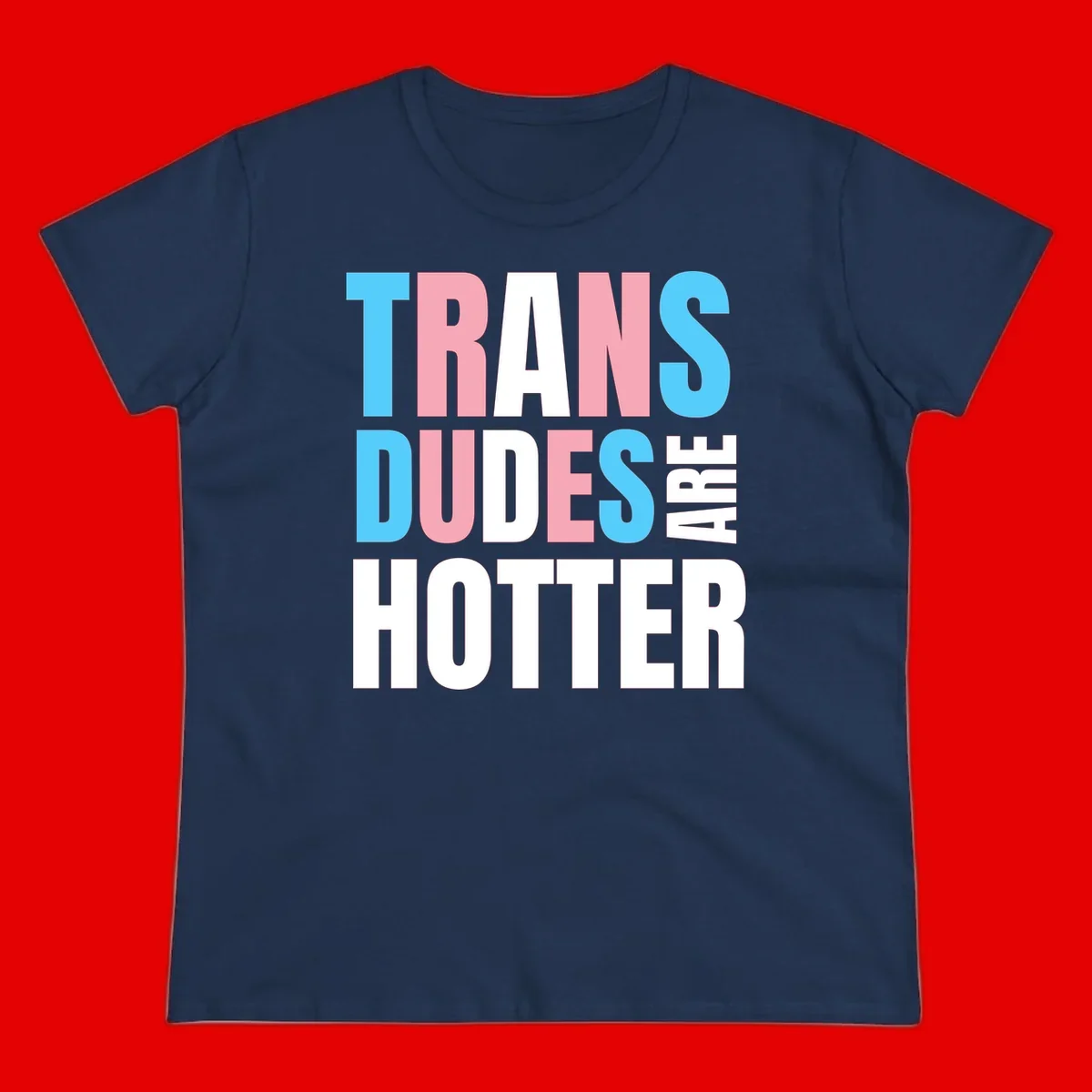 Bold typography design reading 'TRANS DUDES ARE HOTTER' in cyan, pink, and white letters on gray background