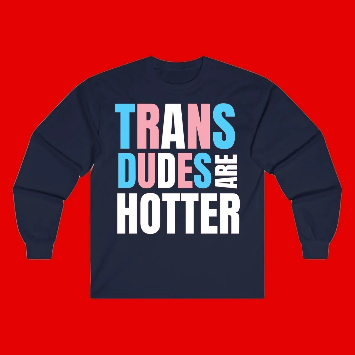 Bold typography design reading 'TRANS DUDES ARE HOTTER' in cyan, pink, and white letters on gray background