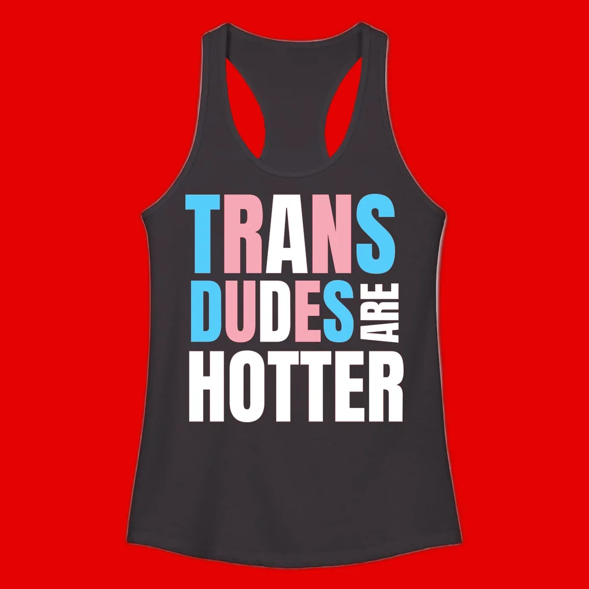Bold typography design reading 'TRANS DUDES ARE HOTTER' in cyan, pink, and white letters on gray background