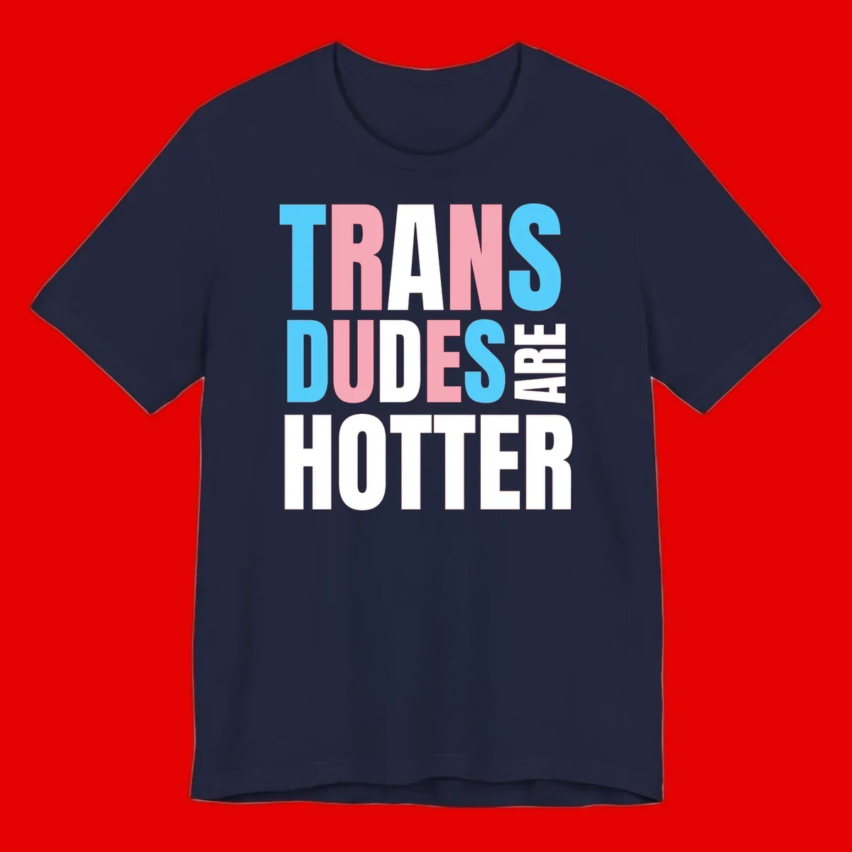 Bold typography design reading 'TRANS DUDES ARE HOTTER' in cyan, pink, and white letters on gray background