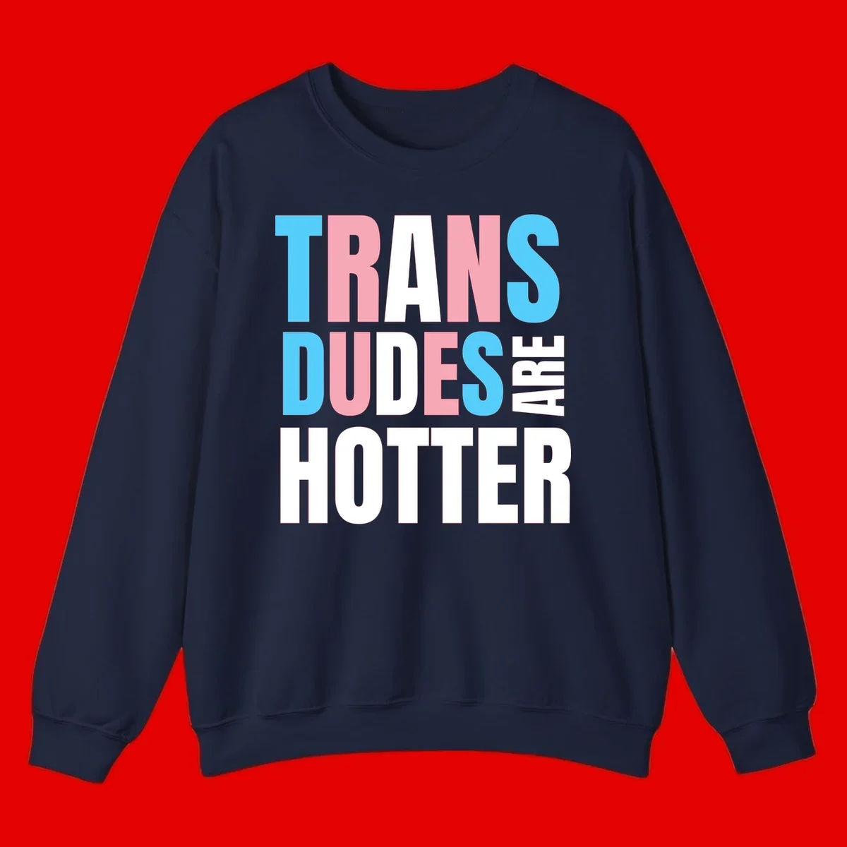 Bold typography design reading 'TRANS DUDES ARE HOTTER' in cyan, pink, and white letters on gray background
