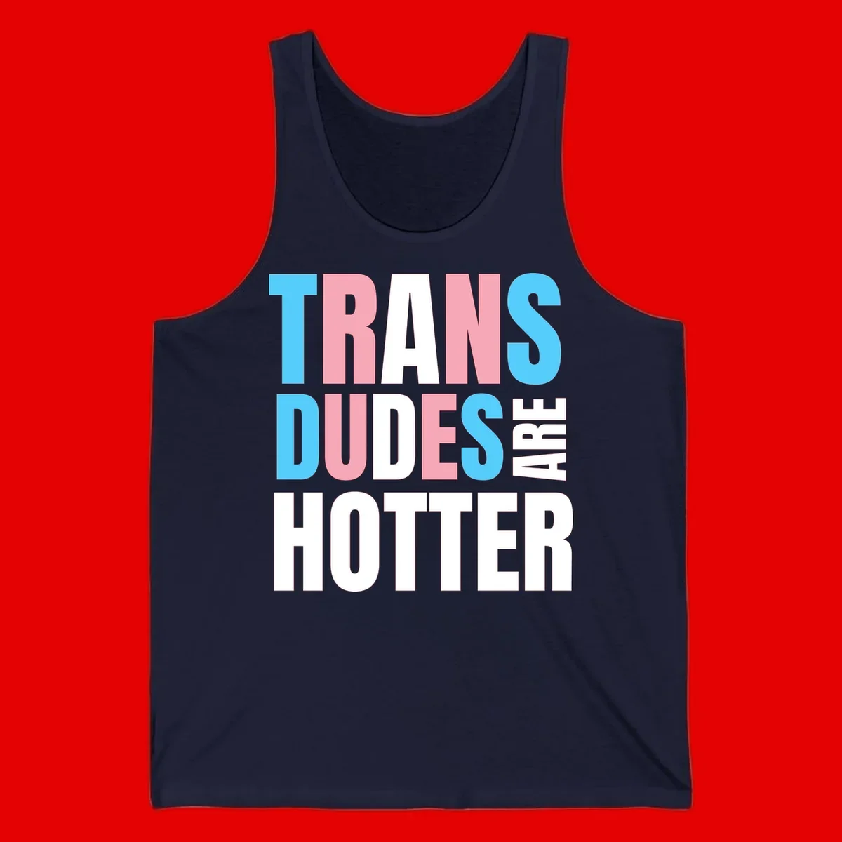 Bold typography design reading 'TRANS DUDES ARE HOTTER' in cyan, pink, and white letters on gray background