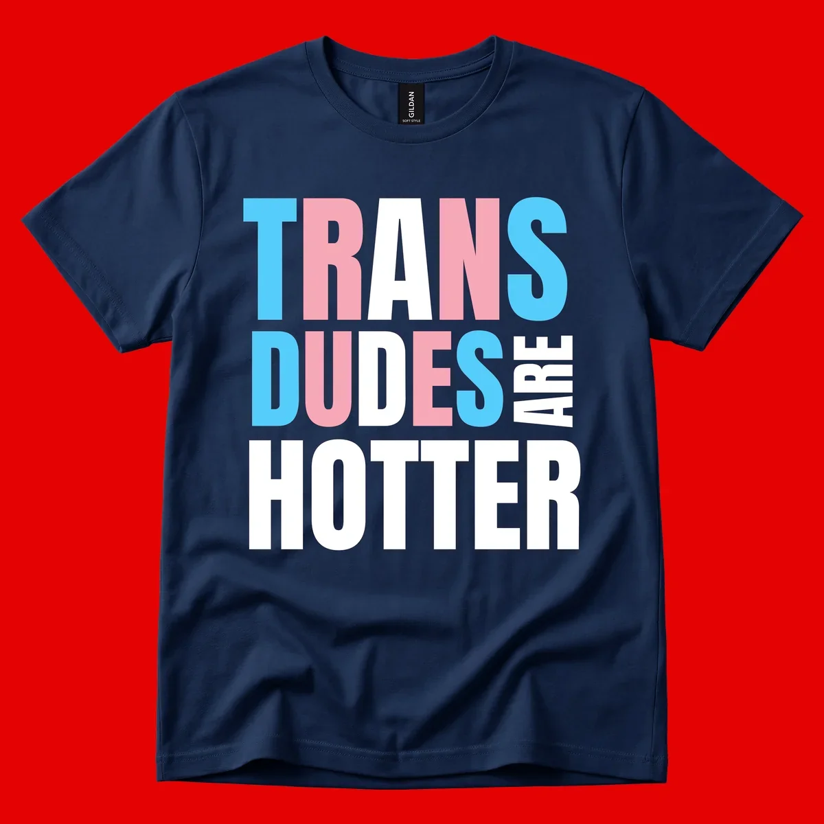 Bold typography design reading 'TRANS DUDES ARE HOTTER' in cyan, pink, and white letters on gray background