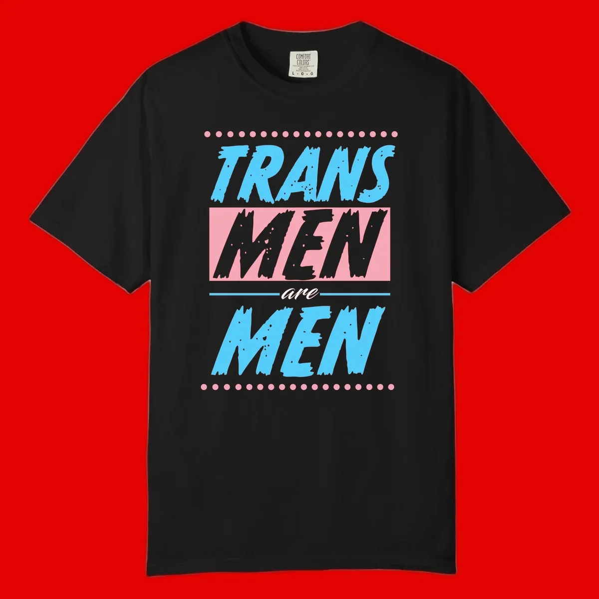 Grunge-style graphic with 'Trains New Men Are Men New' text in blue and gray with pink banner, decorated with dots border