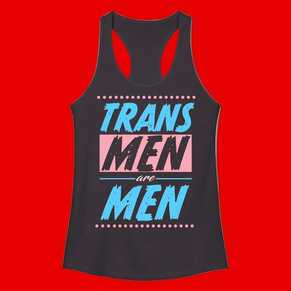 Grunge-style graphic with 'Trains New Men Are Men New' text in blue and gray with pink banner, decorated with dots border