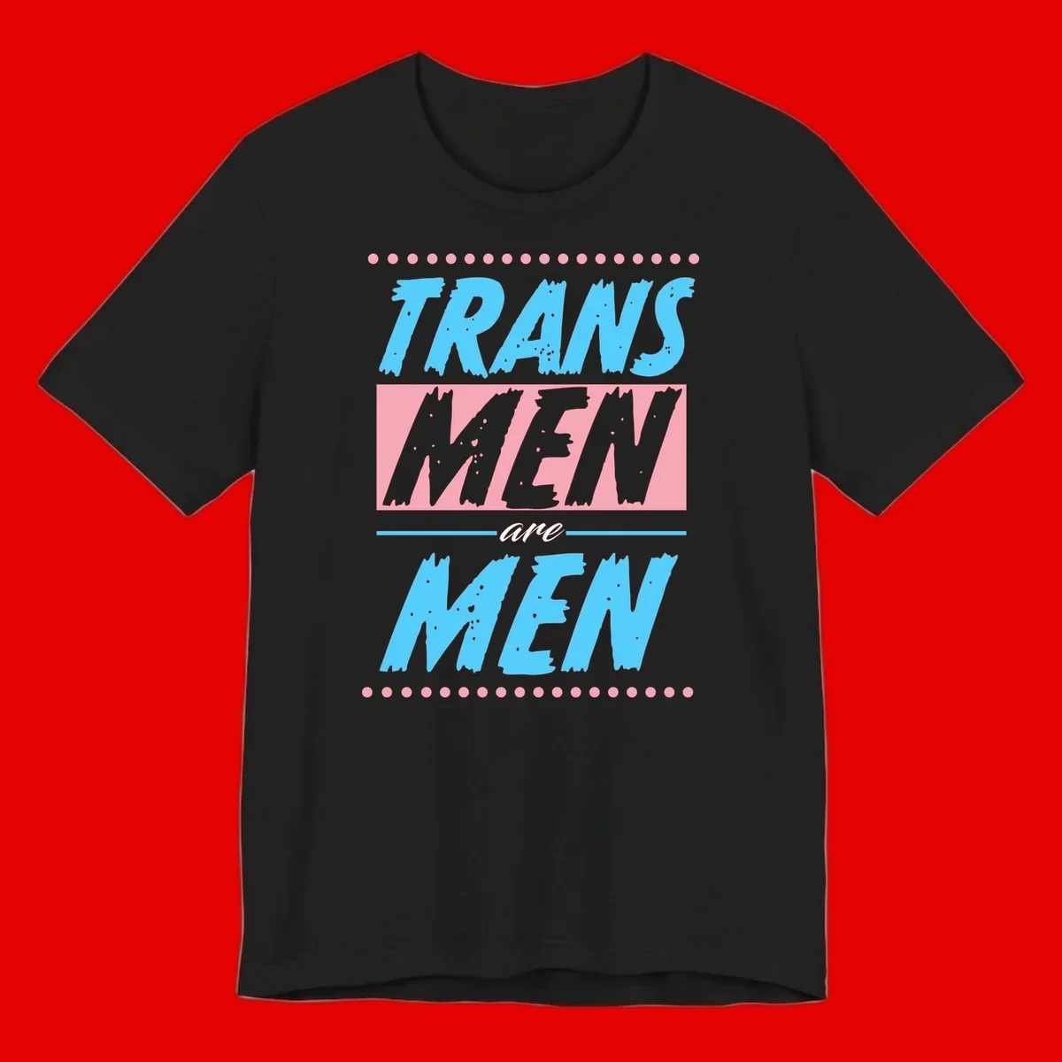 Grunge-style graphic with 'Trains New Men Are Men New' text in blue and gray with pink banner, decorated with dots border