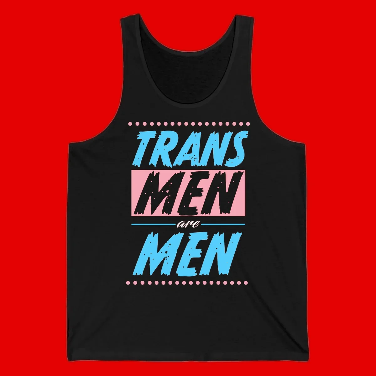 Grunge-style graphic with 'Trains New Men Are Men New' text in blue and gray with pink banner, decorated with dots border