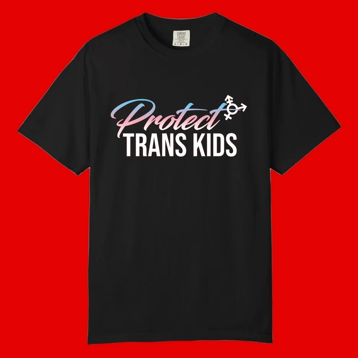 Protect trans kids design with blue-to-pink gradient text, transgender symbol, and bold typography supporting trans youth