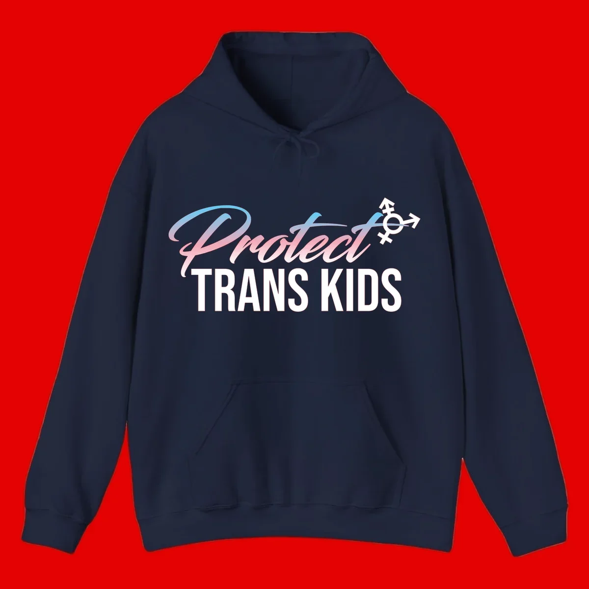 Protect trans kids design with blue-to-pink gradient text, transgender symbol, and bold typography supporting trans youth