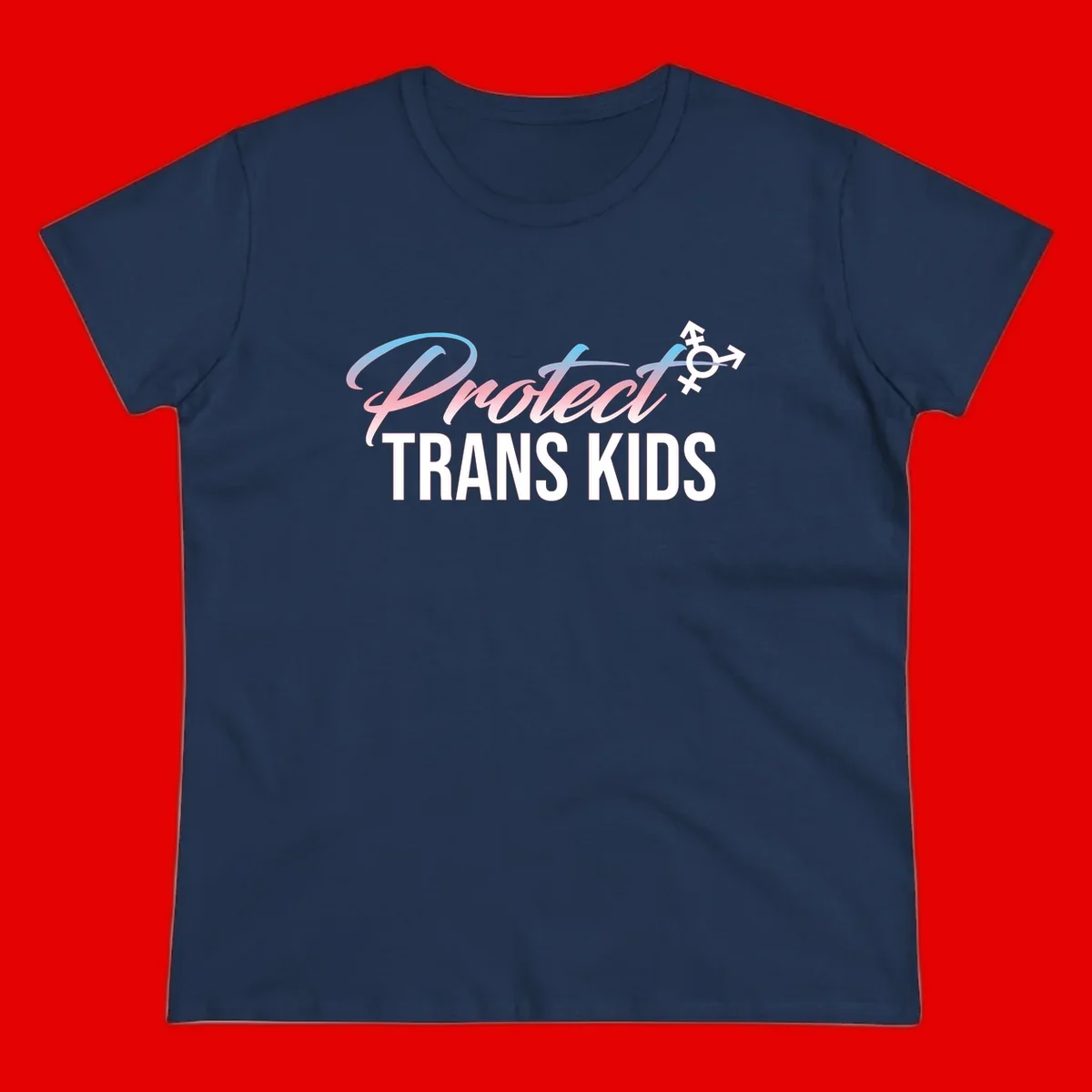 Protect trans kids design with blue-to-pink gradient text, transgender symbol, and bold typography supporting trans youth