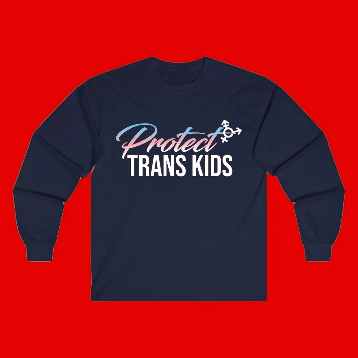Protect trans kids design with blue-to-pink gradient text, transgender symbol, and bold typography supporting trans youth