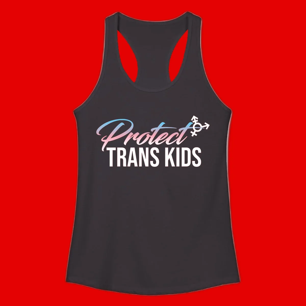 Protect trans kids design with blue-to-pink gradient text, transgender symbol, and bold typography supporting trans youth