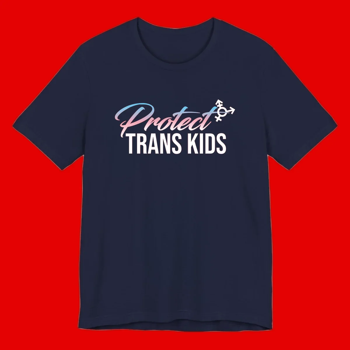 Protect trans kids design with blue-to-pink gradient text, transgender symbol, and bold typography supporting trans youth