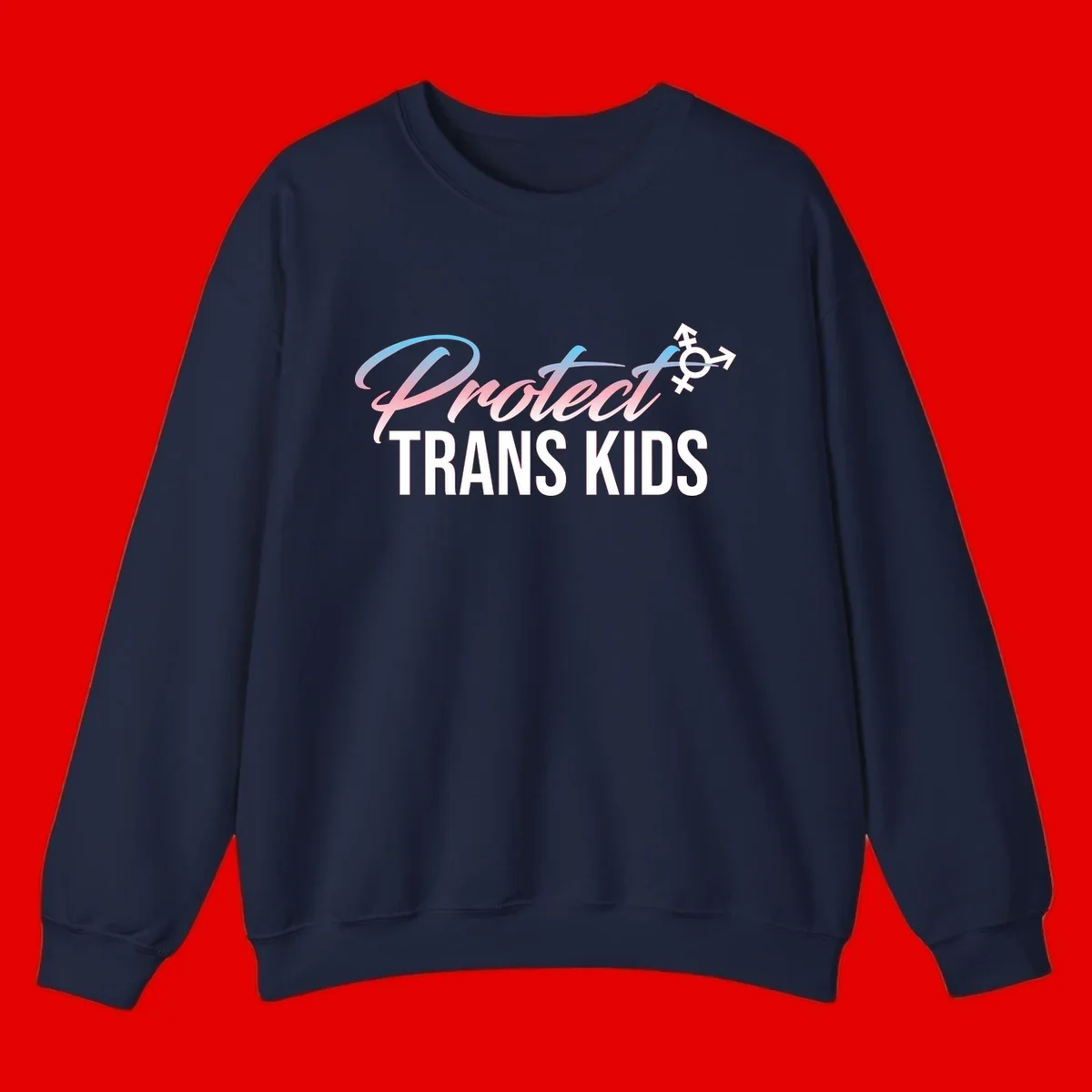 Protect trans kids design with blue-to-pink gradient text, transgender symbol, and bold typography supporting trans youth