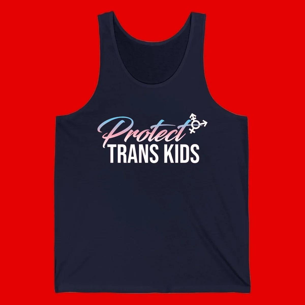 Protect trans kids design with blue-to-pink gradient text, transgender symbol, and bold typography supporting trans youth