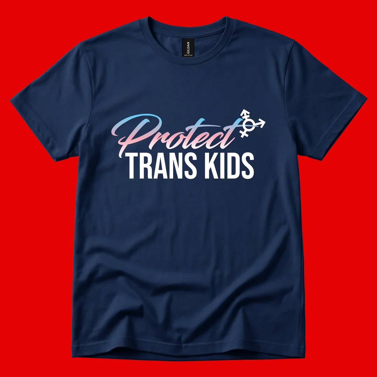 Protect trans kids design with blue-to-pink gradient text, transgender symbol, and bold typography supporting trans youth