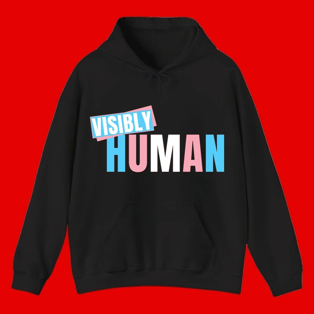 Bold typography design reading 'VISIBLY HUMAN' in cyan, pink, and white letters with diagonal 'VISIBLY' banner overlay on gray background