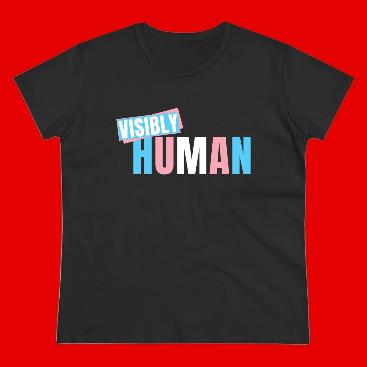 Bold typography design reading 'VISIBLY HUMAN' in cyan, pink, and white letters with diagonal 'VISIBLY' banner overlay on gray background