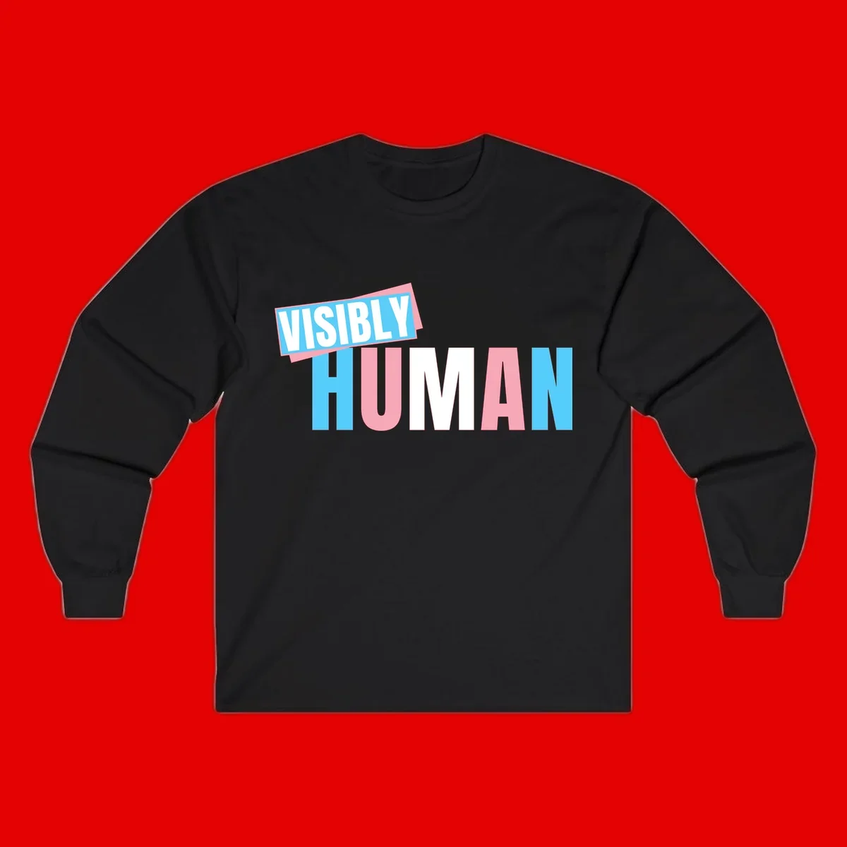 Bold typography design reading 'VISIBLY HUMAN' in cyan, pink, and white letters with diagonal 'VISIBLY' banner overlay on gray background