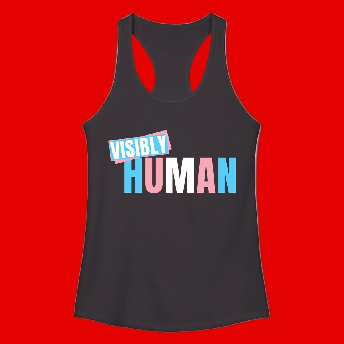 Bold typography design reading 'VISIBLY HUMAN' in cyan, pink, and white letters with diagonal 'VISIBLY' banner overlay on gray background