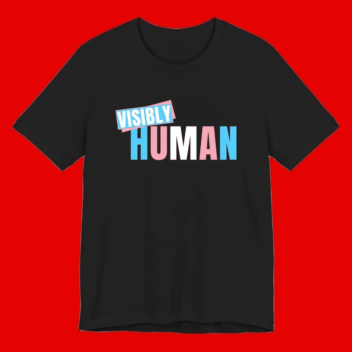 Bold typography design reading 'VISIBLY HUMAN' in cyan, pink, and white letters with diagonal 'VISIBLY' banner overlay on gray background