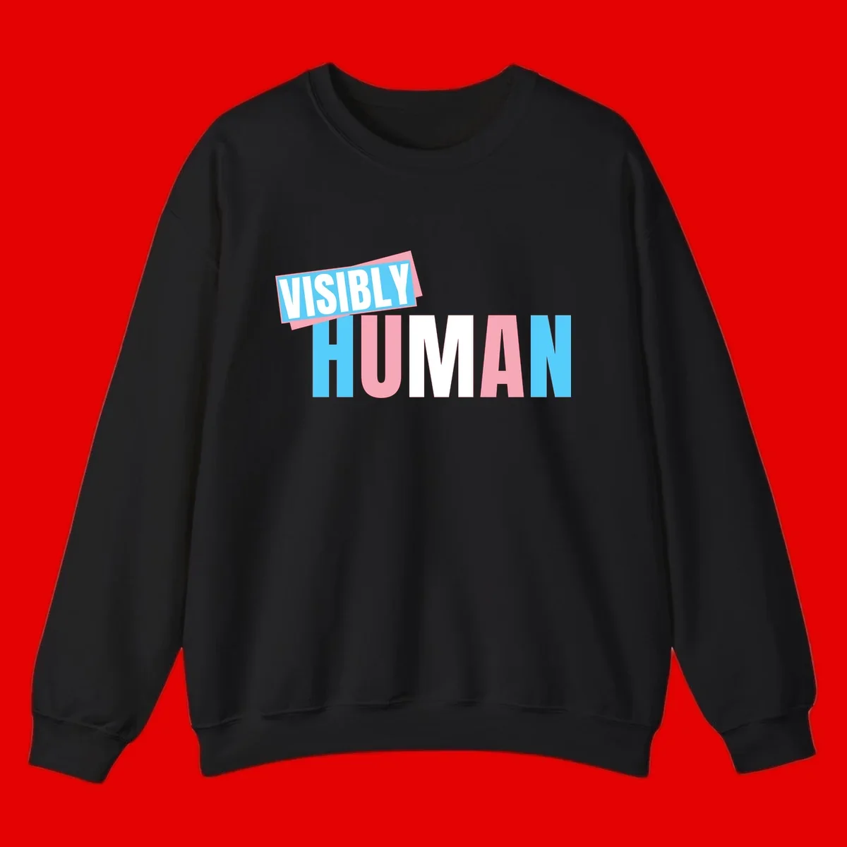 Bold typography design reading 'VISIBLY HUMAN' in cyan, pink, and white letters with diagonal 'VISIBLY' banner overlay on gray background