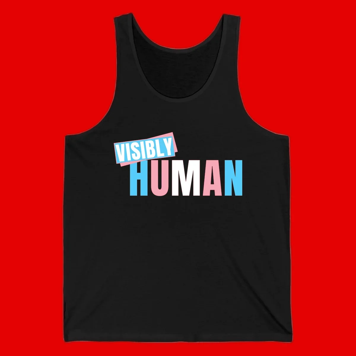 Bold typography design reading 'VISIBLY HUMAN' in cyan, pink, and white letters with diagonal 'VISIBLY' banner overlay on gray background