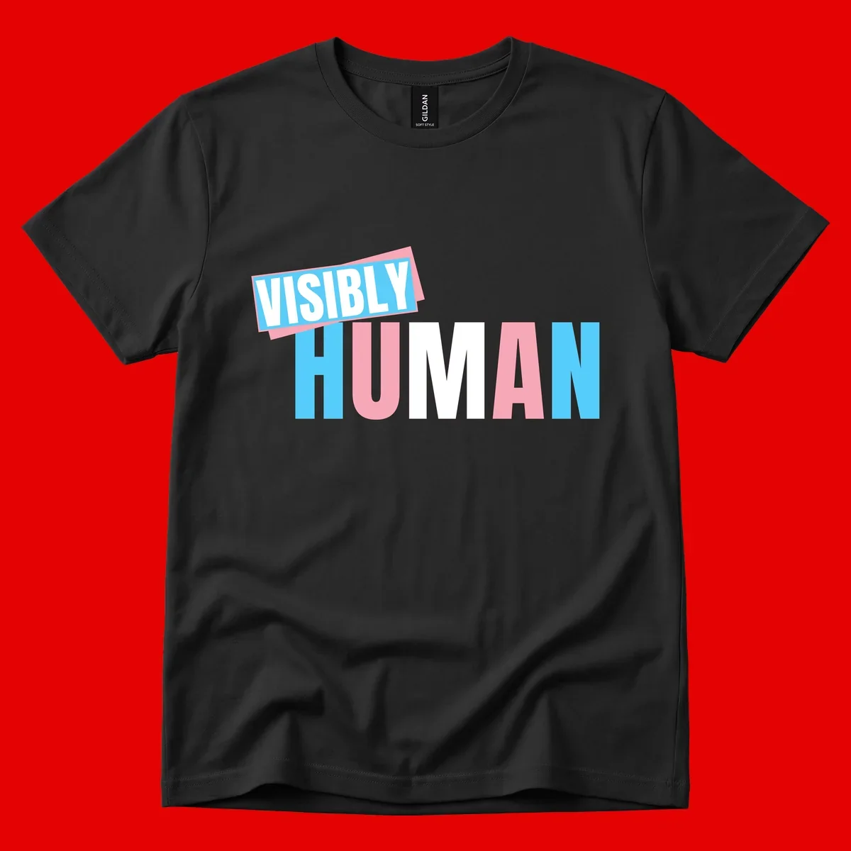 Bold typography design reading 'VISIBLY HUMAN' in cyan, pink, and white letters with diagonal 'VISIBLY' banner overlay on gray background