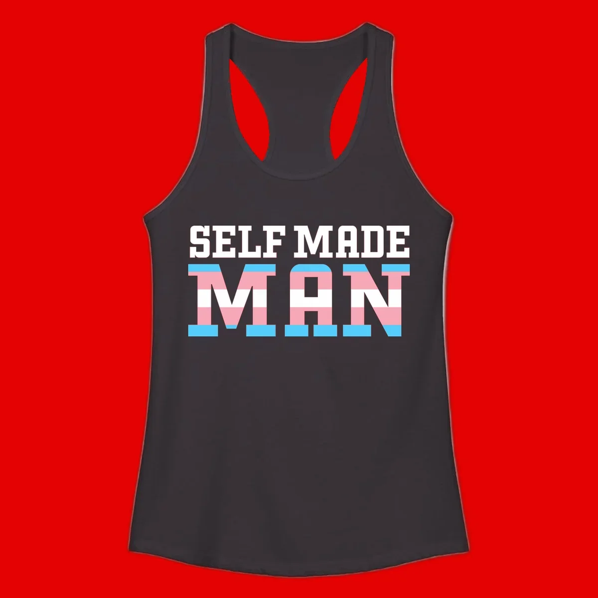 Bold 'Self Made' text filled with transgender pride flag stripes in blue, pink, and white on gray background