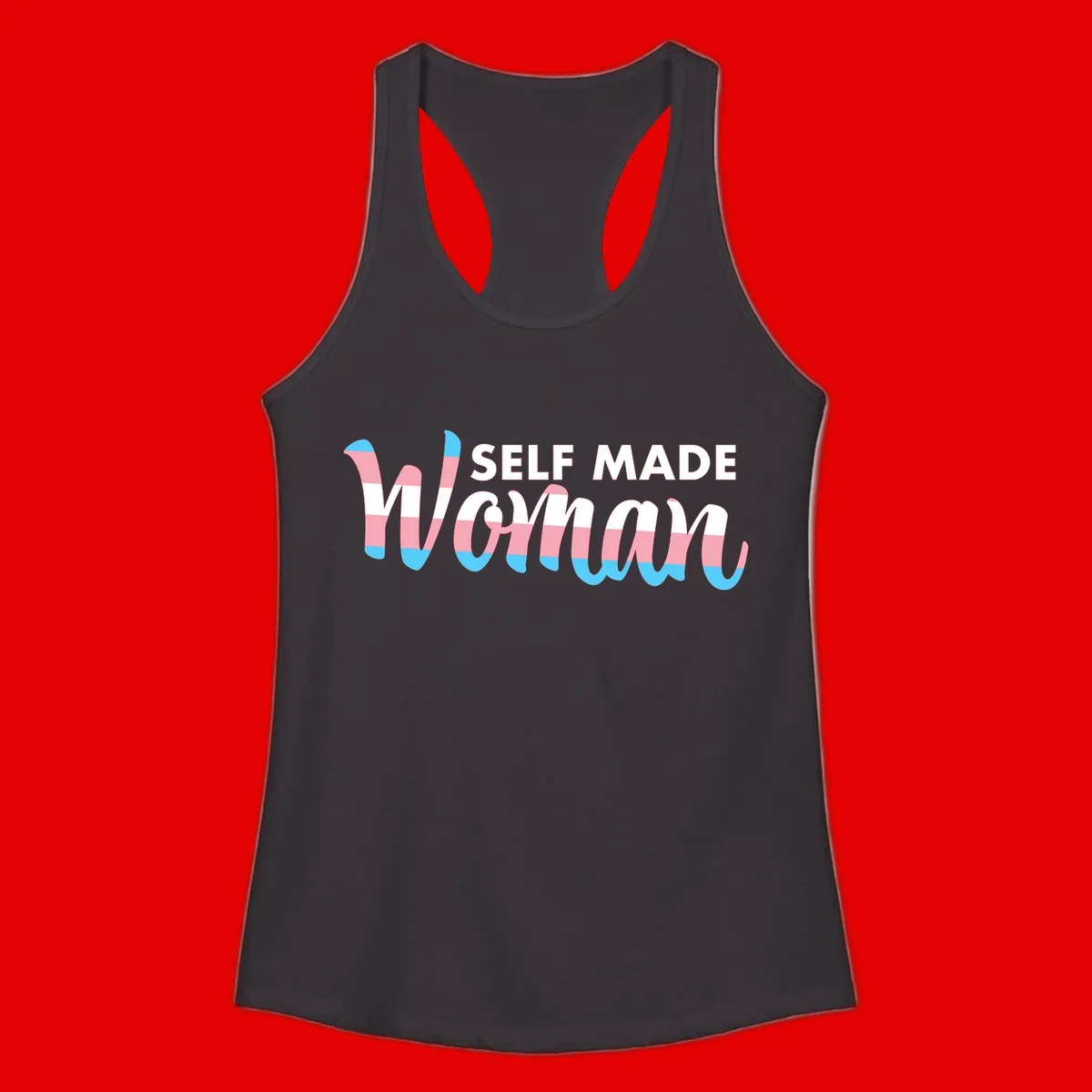 Self Made Woman design featuring bold wavy striped lettering in pink, white, and blue trans flag colors