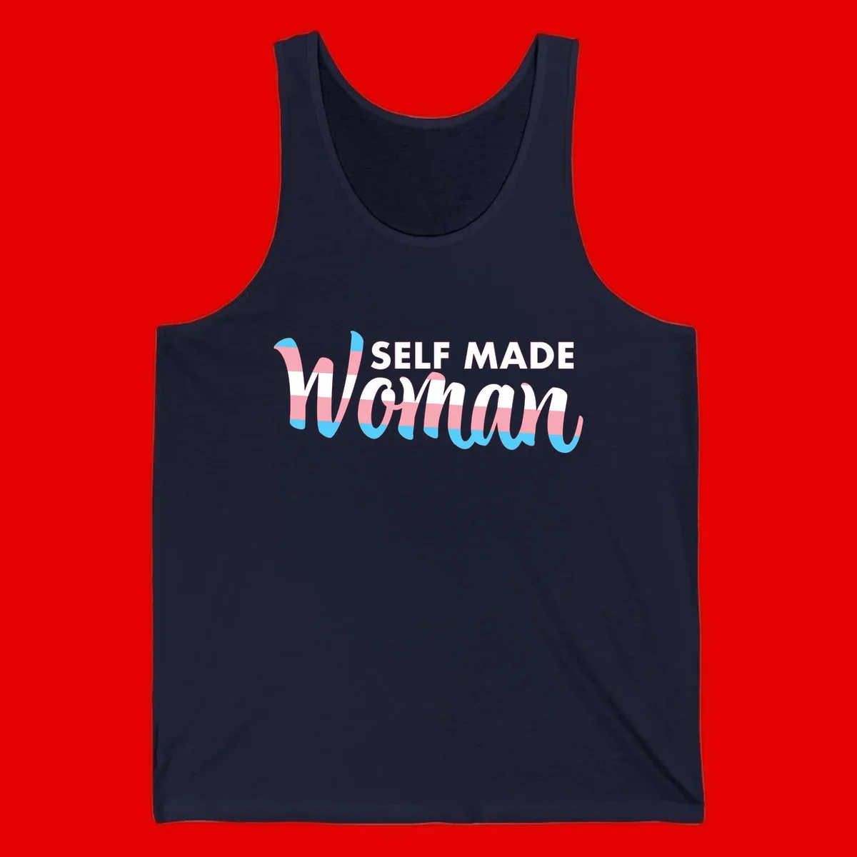 Self Made Woman design featuring bold wavy striped lettering in pink, white, and blue trans flag colors