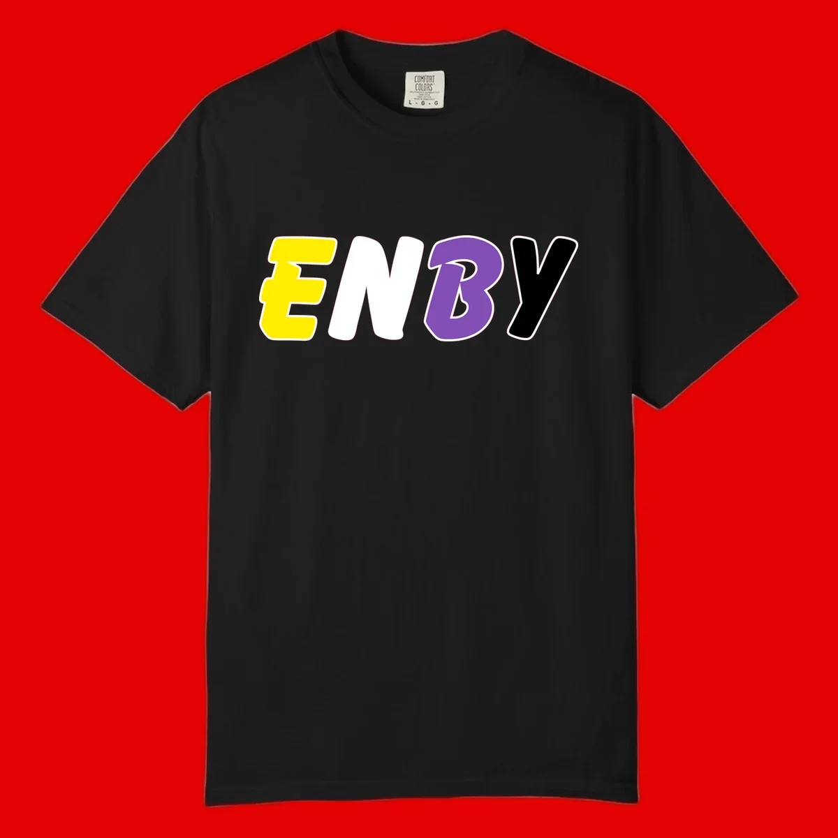 Colorful enjoy-three-seven-pride design with bold yellow, white, purple, and black letters on gray background
