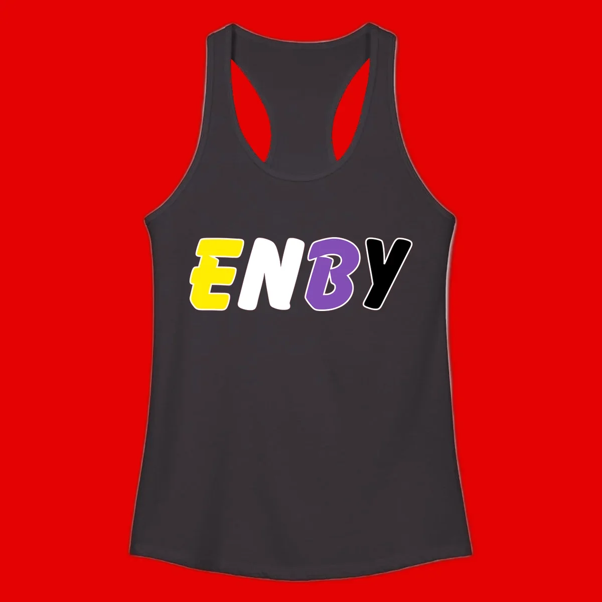 Colorful enjoy-three-seven-pride design with bold yellow, white, purple, and black letters on gray background