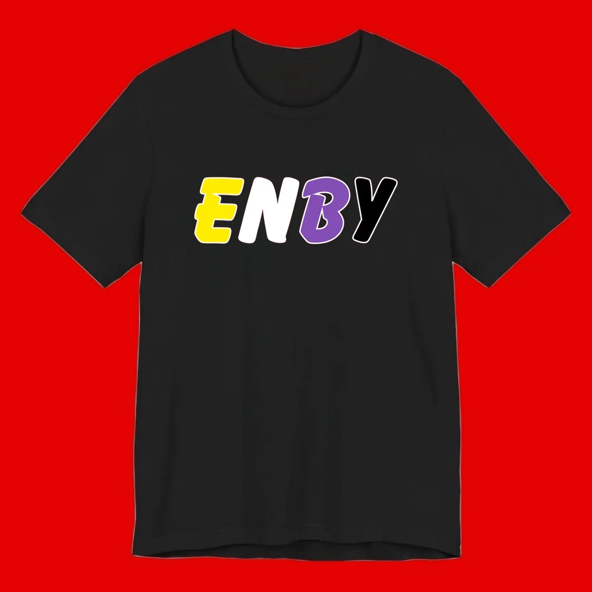 Colorful enjoy-three-seven-pride design with bold yellow, white, purple, and black letters on gray background