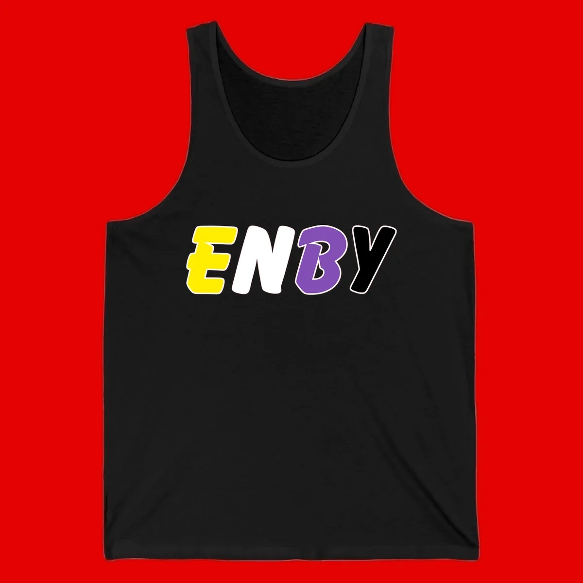 Colorful enjoy-three-seven-pride design with bold yellow, white, purple, and black letters on gray background