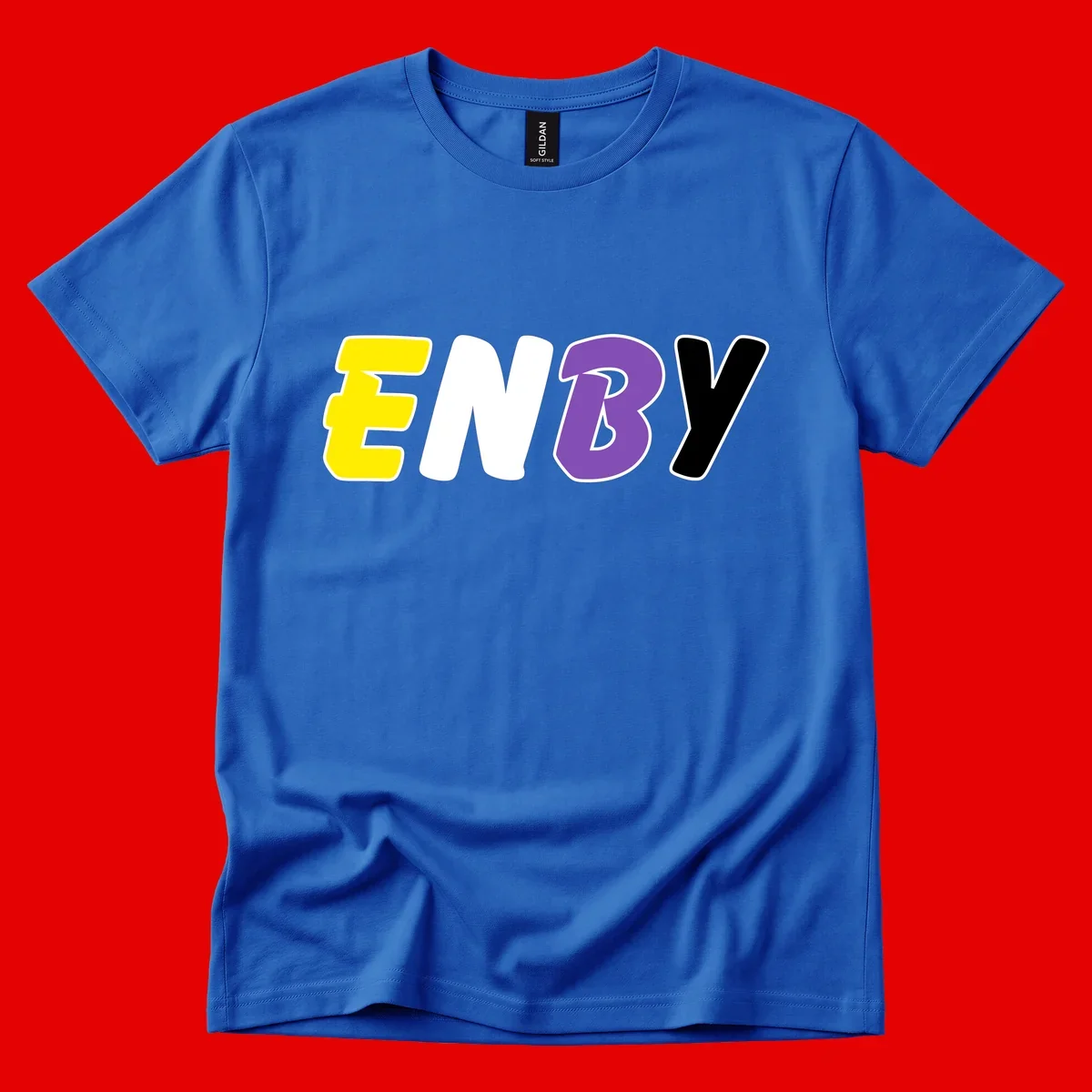 Colorful enjoy-three-seven-pride design with bold yellow, white, purple, and black letters on gray background