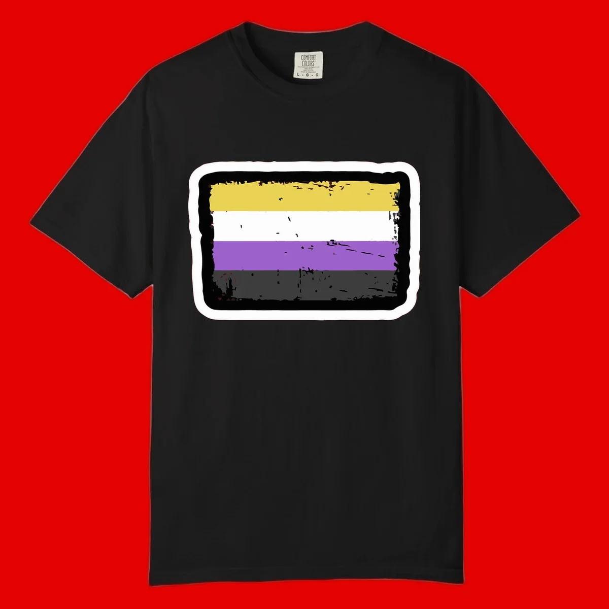 Nonbinary pride flag design with yellow, white, purple, and gray horizontal stripes in distressed grunge style