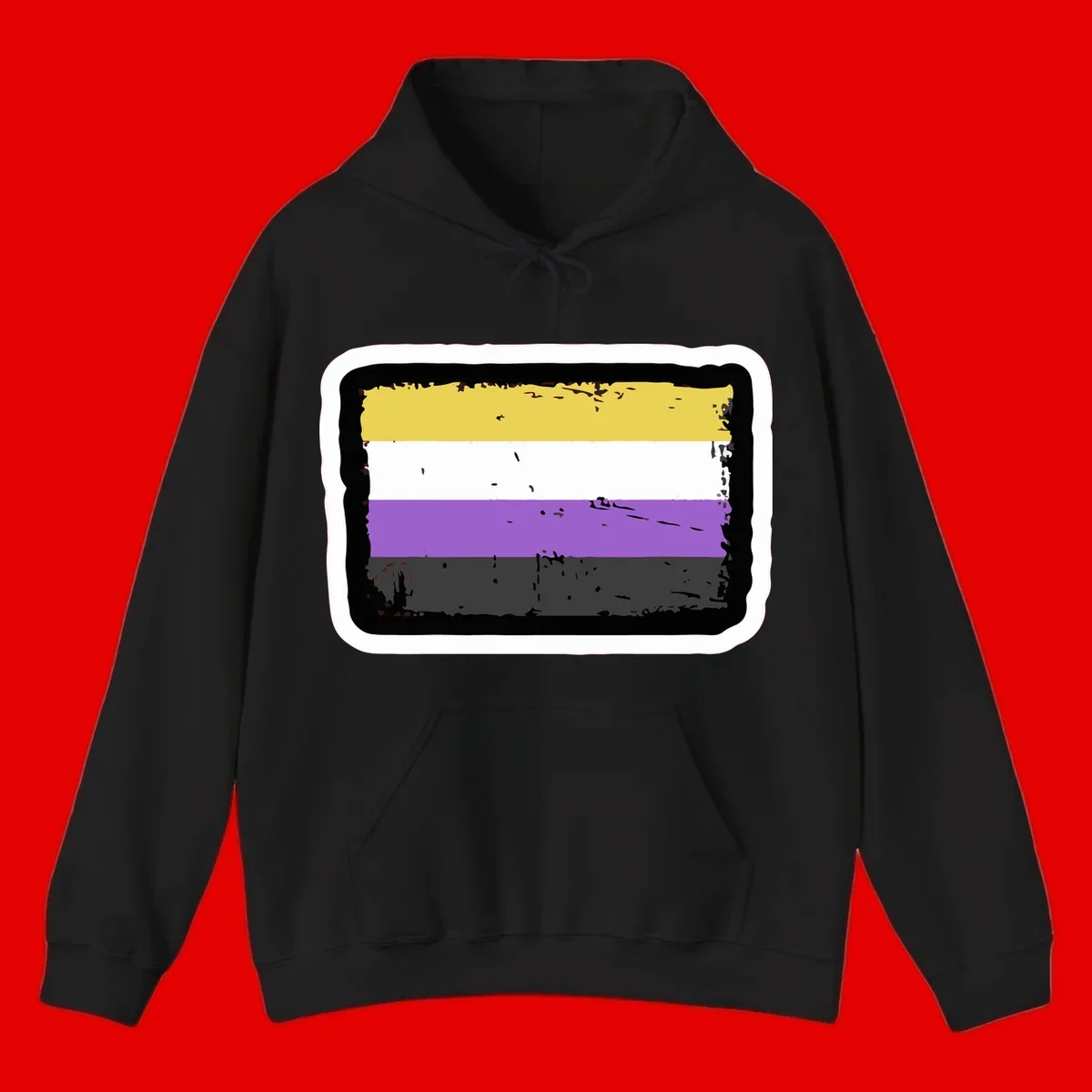 Nonbinary pride flag design with yellow, white, purple, and gray horizontal stripes in distressed grunge style