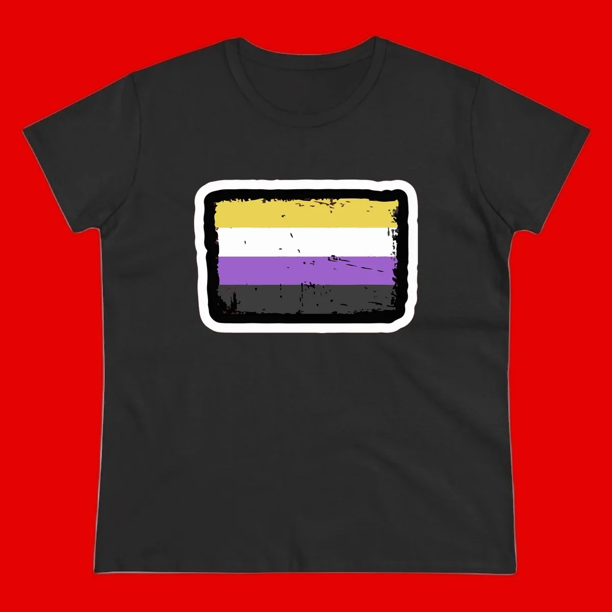 Nonbinary pride flag design with yellow, white, purple, and gray horizontal stripes in distressed grunge style