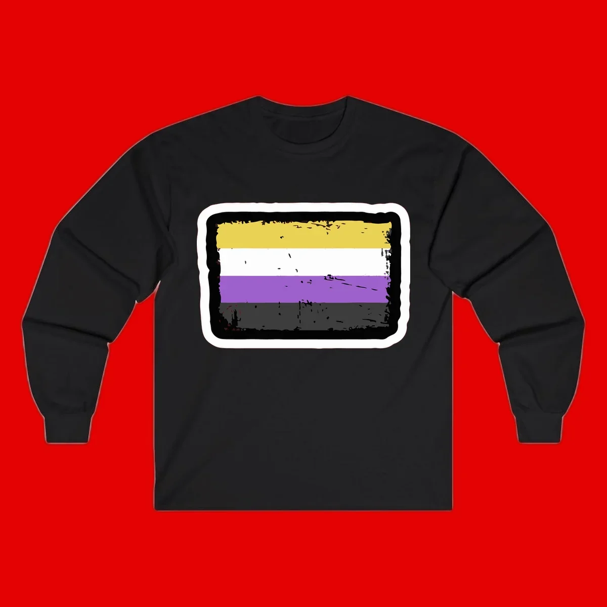 Nonbinary pride flag design with yellow, white, purple, and gray horizontal stripes in distressed grunge style