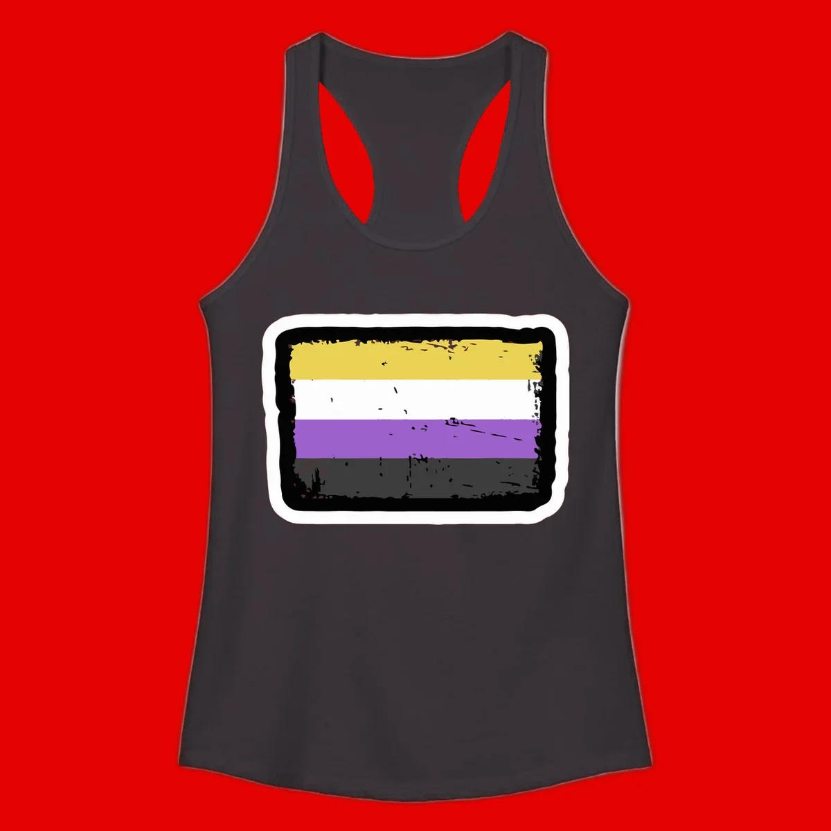 Nonbinary pride flag design with yellow, white, purple, and gray horizontal stripes in distressed grunge style