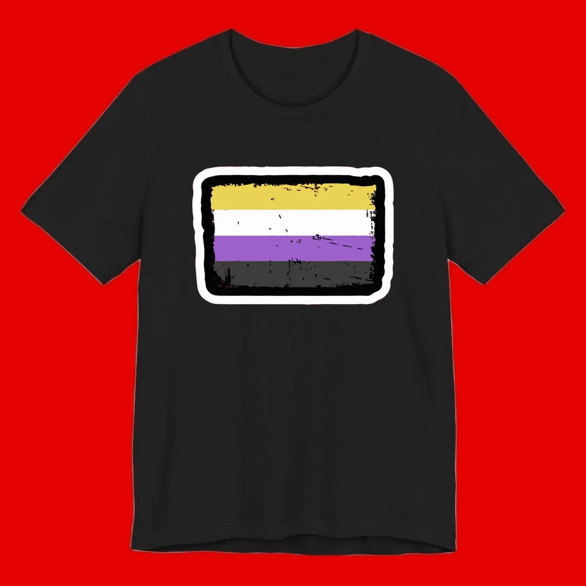 Nonbinary pride flag design with yellow, white, purple, and gray horizontal stripes in distressed grunge style